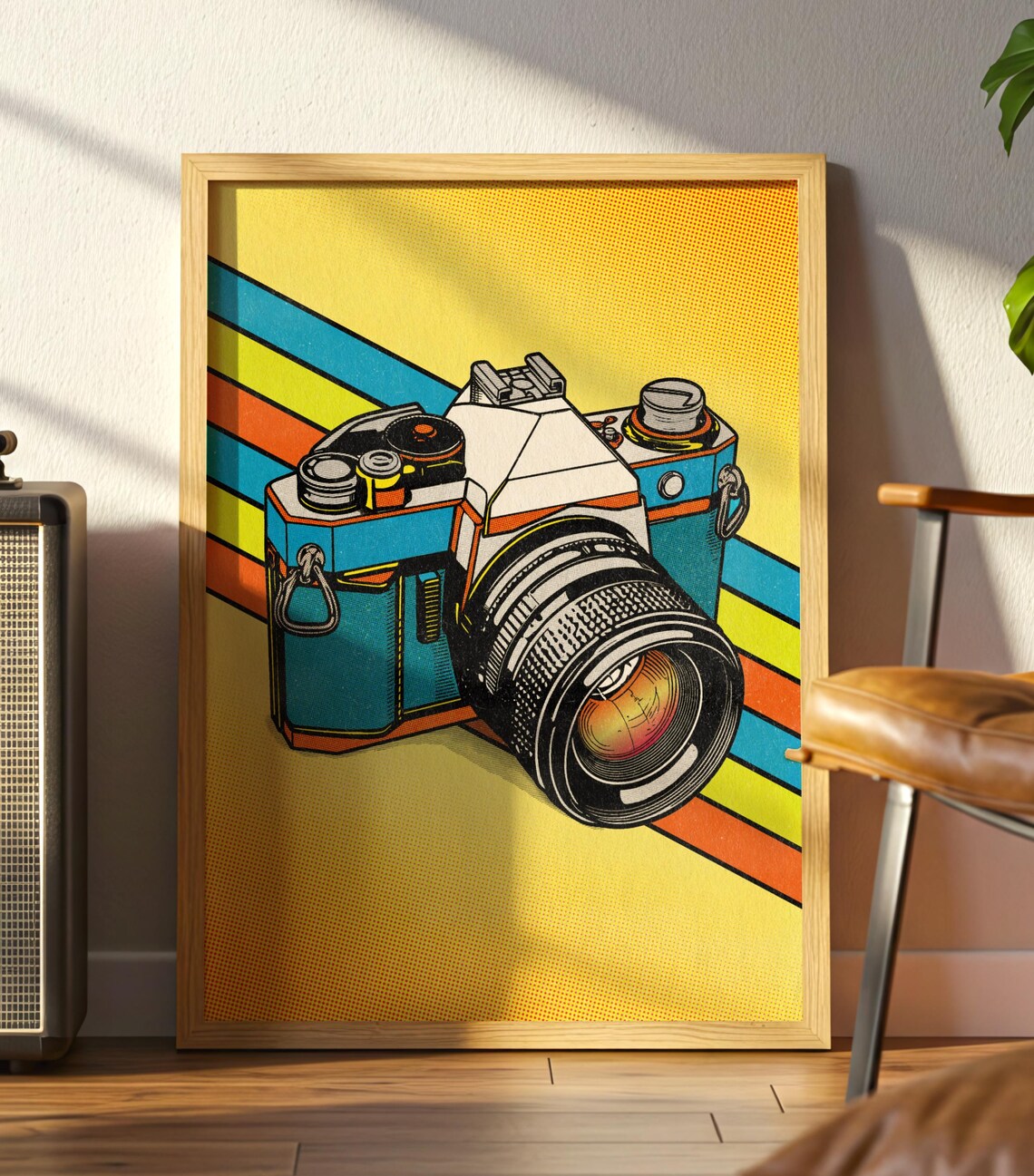 Vintage Film Camera Pop Art Yellow Stripes Retro Photo Wall Poster