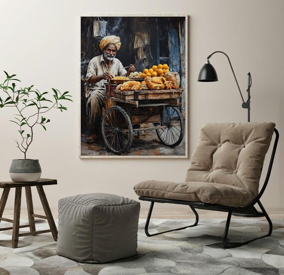 Elderly Street Vendor Food Cart Oil Painting Rustic Market Scene Poster