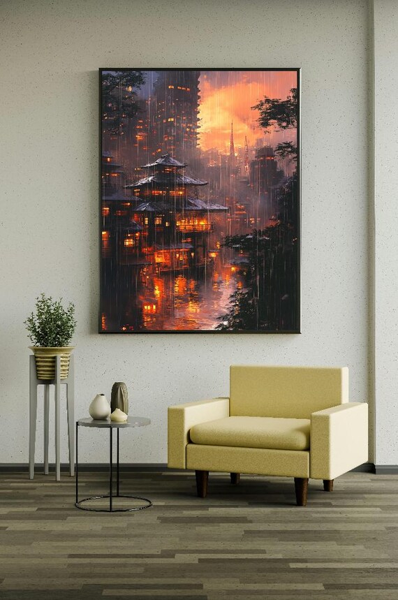 Rainy Night Pagoda City Moody Japanese Street Scene Wall Art