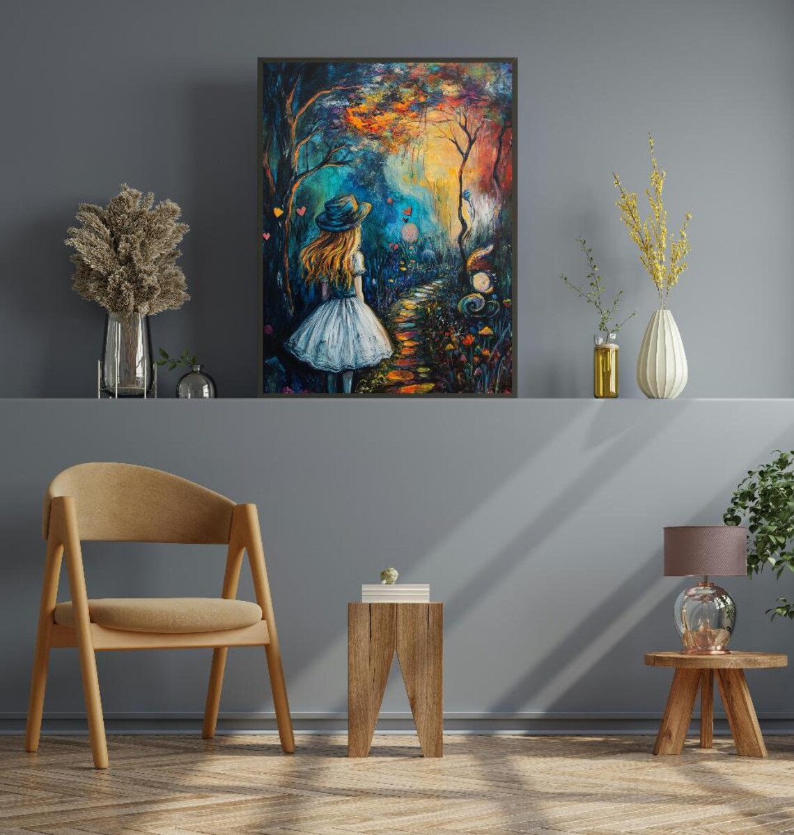 Alice in Wonderland Enchanted Forest Painting Magical Girl Poster