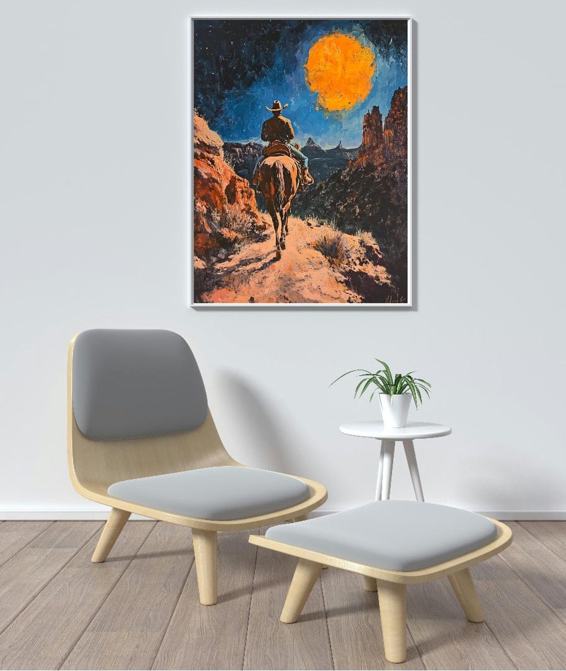 Cowboy Horse Red Rock Canyon Starry Night Moon Western Poster