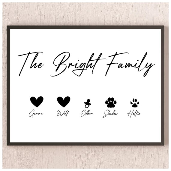 Personalised Family Names Hearts and Paws Custom Gift Wall Art