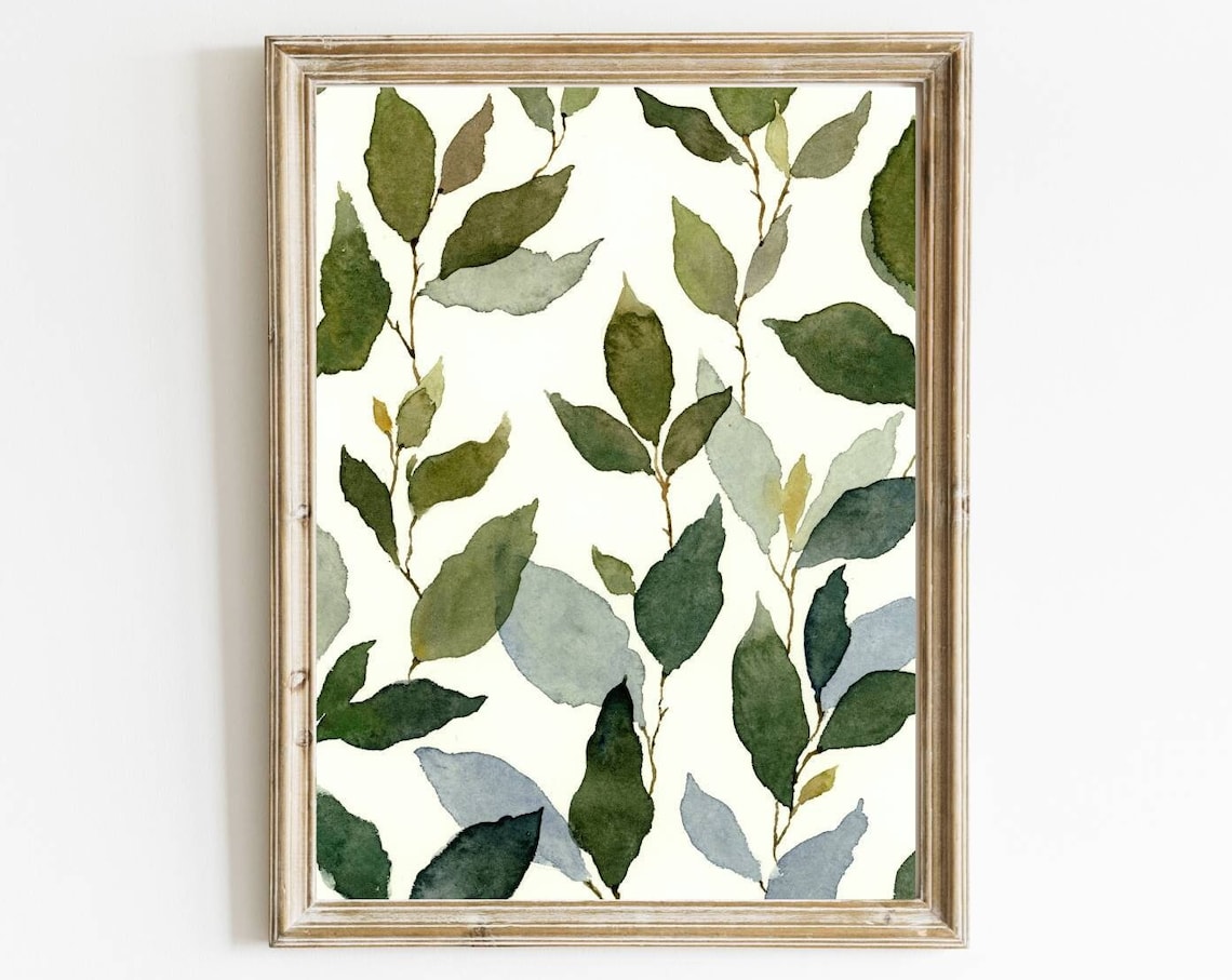 Blue Green Floral Watercolor Abstract Leaves Art Print