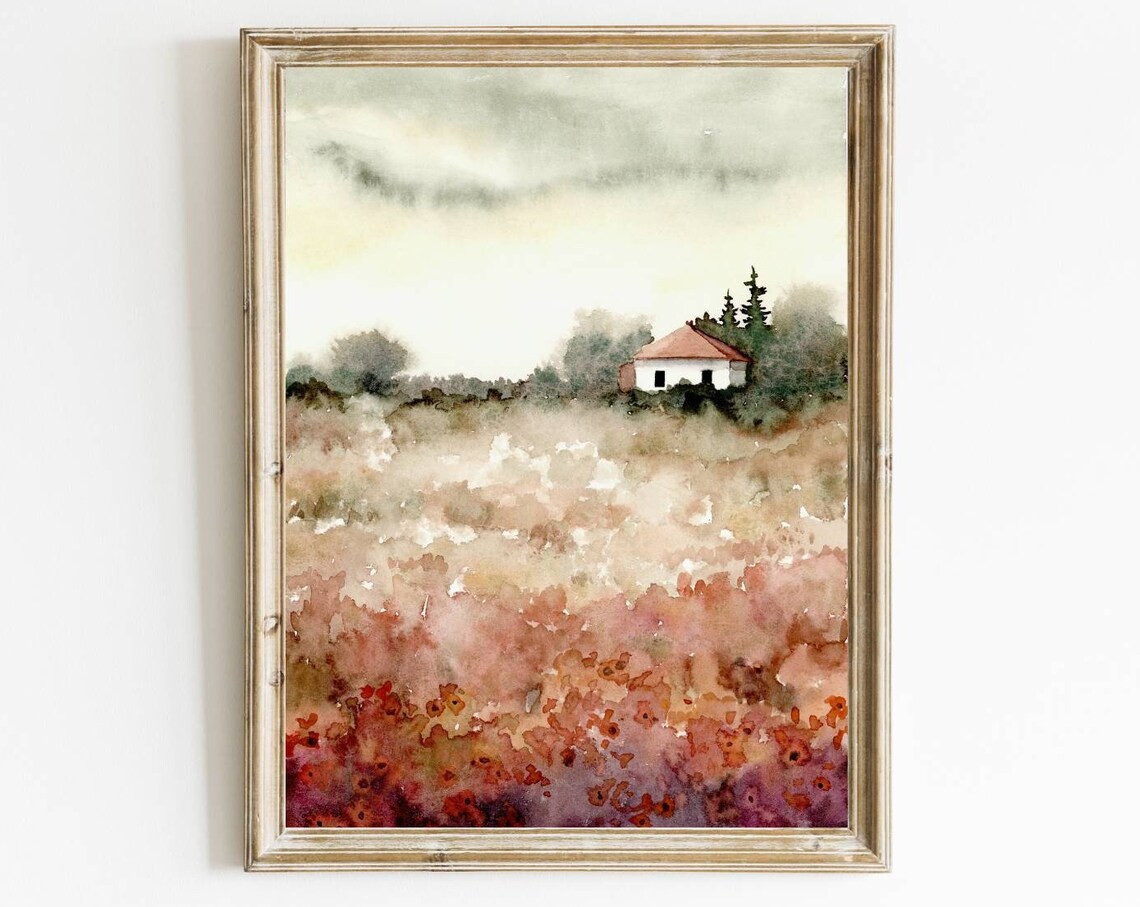 Flower Meadow House Abstract Landscape Art Print