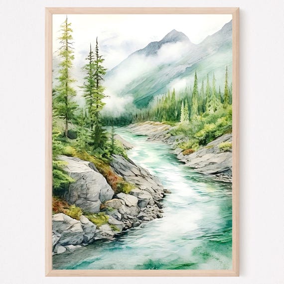 Mountain River Mountain Landscape Watercolor Painting Pine Tree Wall Art Neutral Landscape Green Blue Art Print