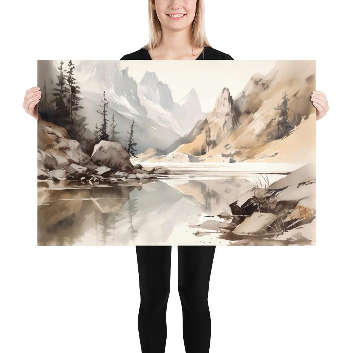 Neutral Mountain Lake with Snowy Peaks Watercolor Landscape Poster - Image 5