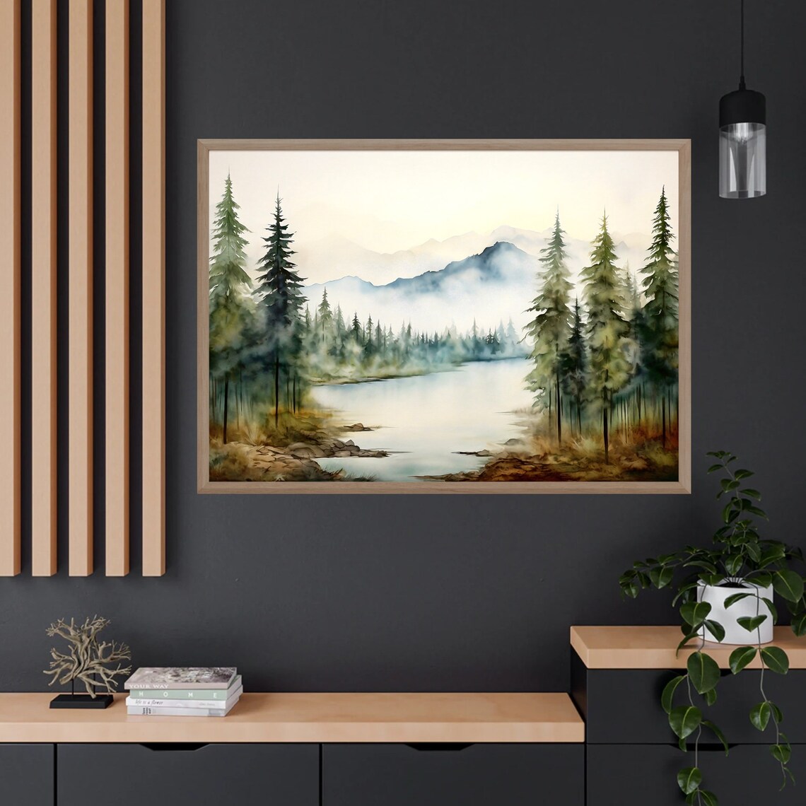 Misty Mountain Lake Tall Pine Forest Watercolor Scenery Poster - Image 4