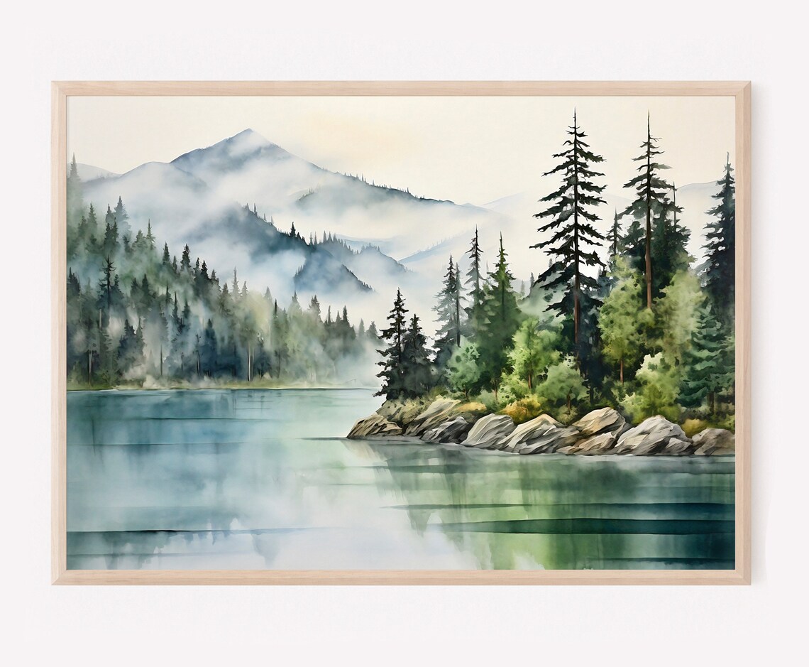Mountain Lake Watercolor Pine Tree Wall Art Print