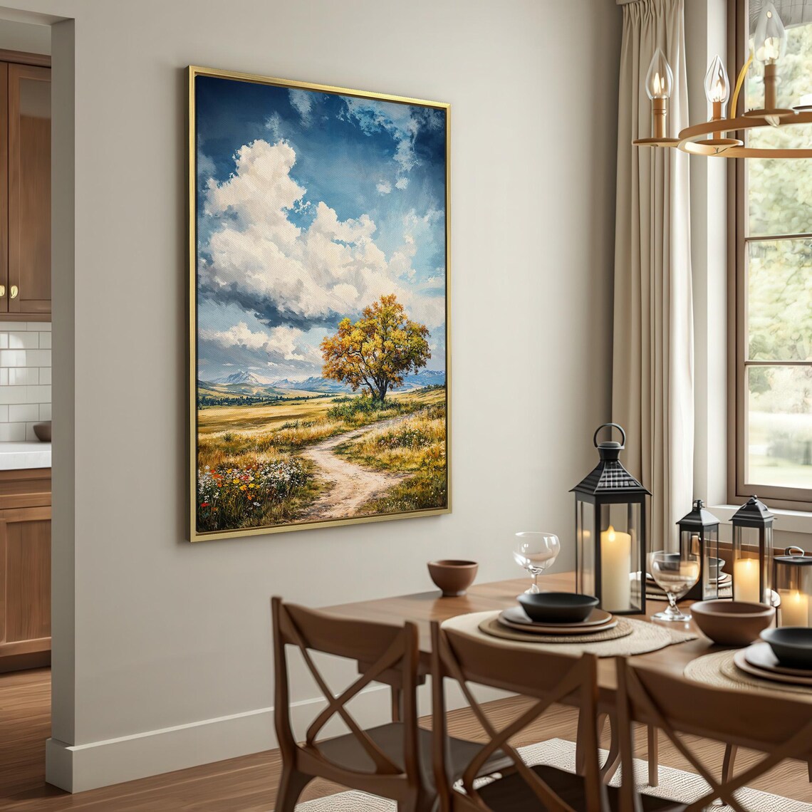 Winding Country Road Through Meadow With Dramatic Golden Tree Poster - Image 2