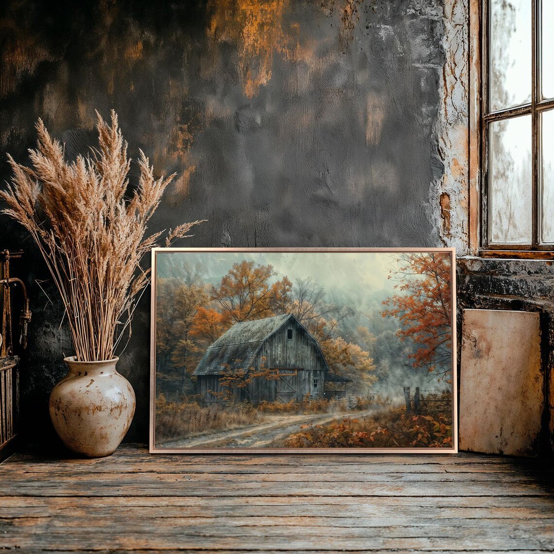 Rustic Old Barn Misty Autumn Landscape Art Print - Image 4