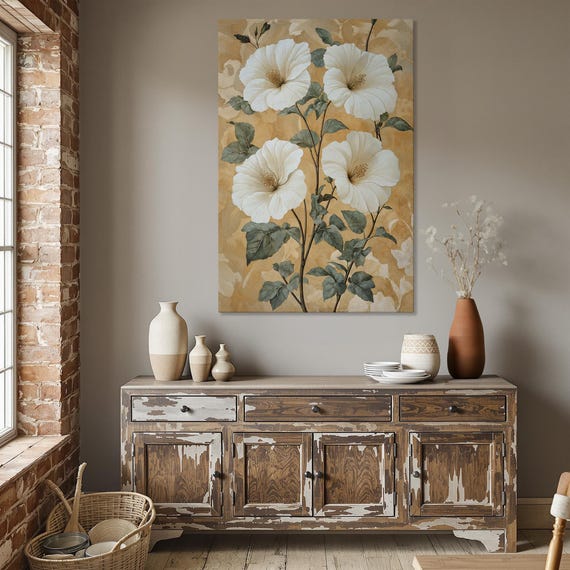 Vintage Floral Art Framed Canvas Print Elegant Flowers Painting Botanical Rustic Wall Bedroom Decor Ready To Hang Gift