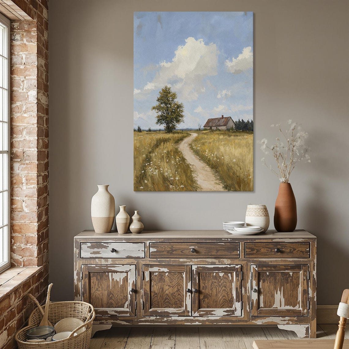 Winding Country Path Past Wildflowers to a Distant Cottage Poster