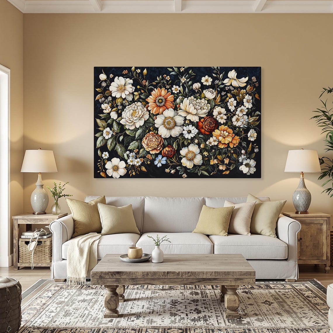 Colorful Floral Elegance Framed Canvas Print Rustic Flower Art Botanical Painting Elegant Wall Decor Gift For Mom Ready To Hang