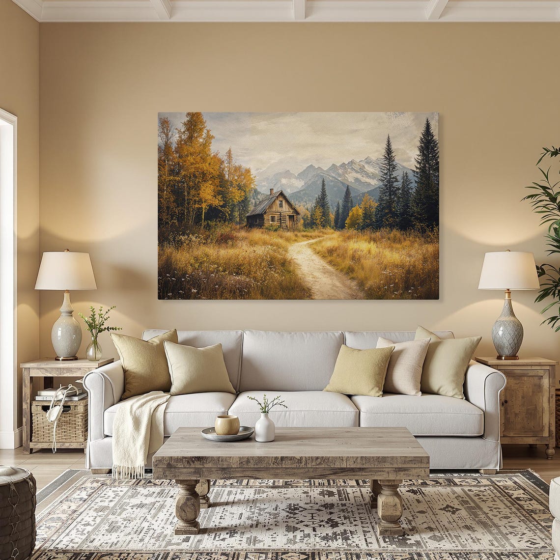 Rustic Mountain Cabin Autumn Meadow Path Pines Vintage Poster