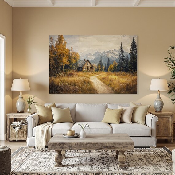Rustic Mountain Cabin Autumn Meadow Path Pines Vintage Poster