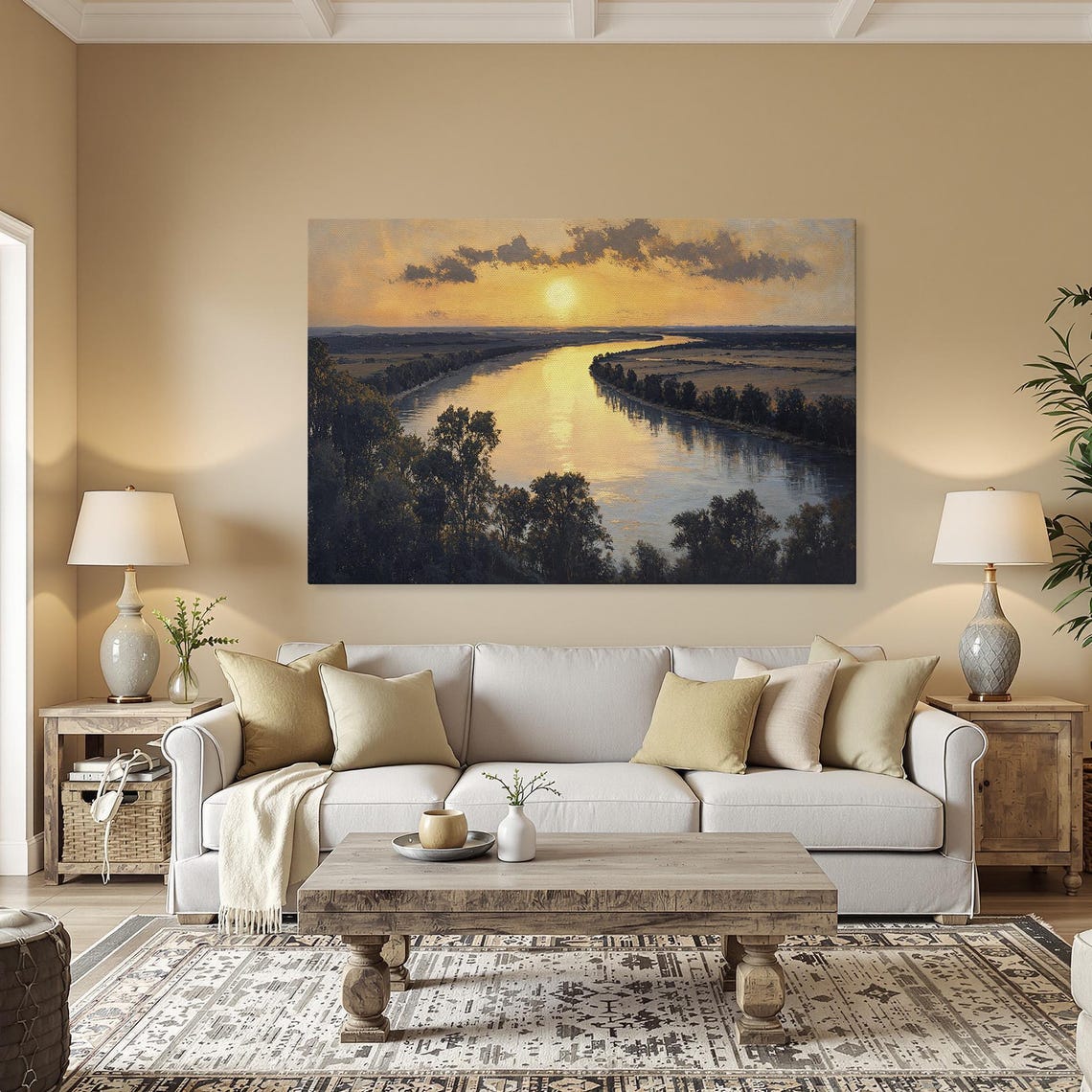 Golden Sunset Over Winding River Trees Calm Evening Landscape Poster
