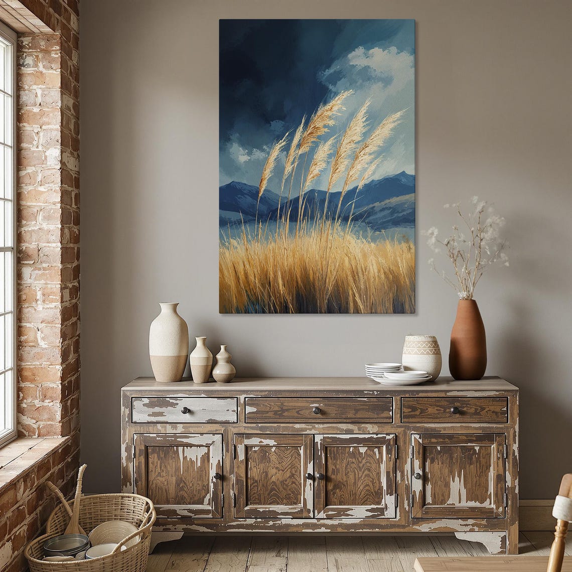 Golden Meadow Grasses Mountain Peaks Dramatic Sky Landscape Poster