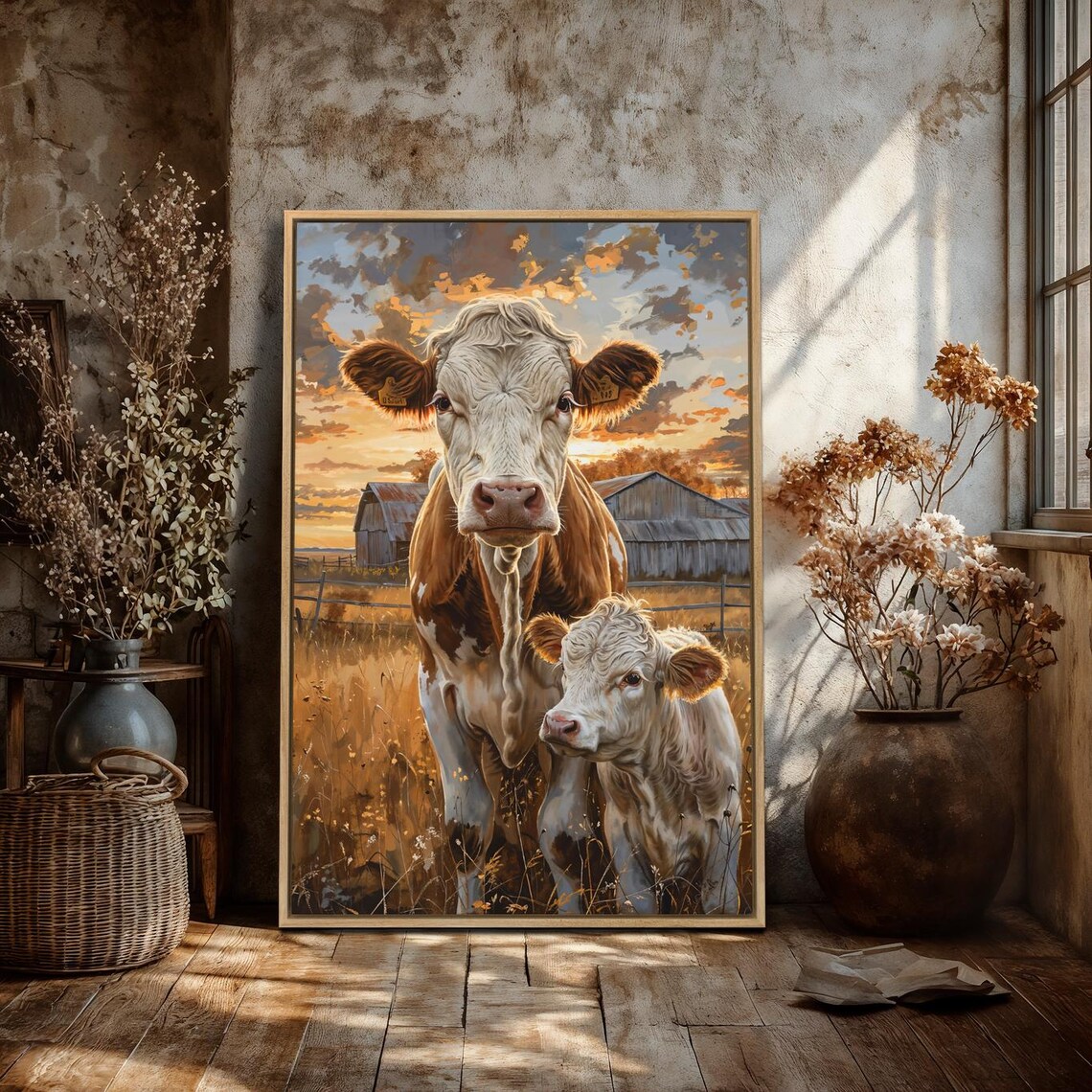 Cow And Calf Grazing Meadow Art Print, Rustic Farm Life - Image 3