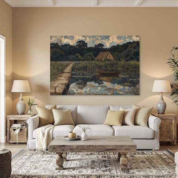 Rustic Forest Lake With Boat And Cottage Framed Canvas Print Vintage Scenery Country Living Art House Decor Ready To Hang
