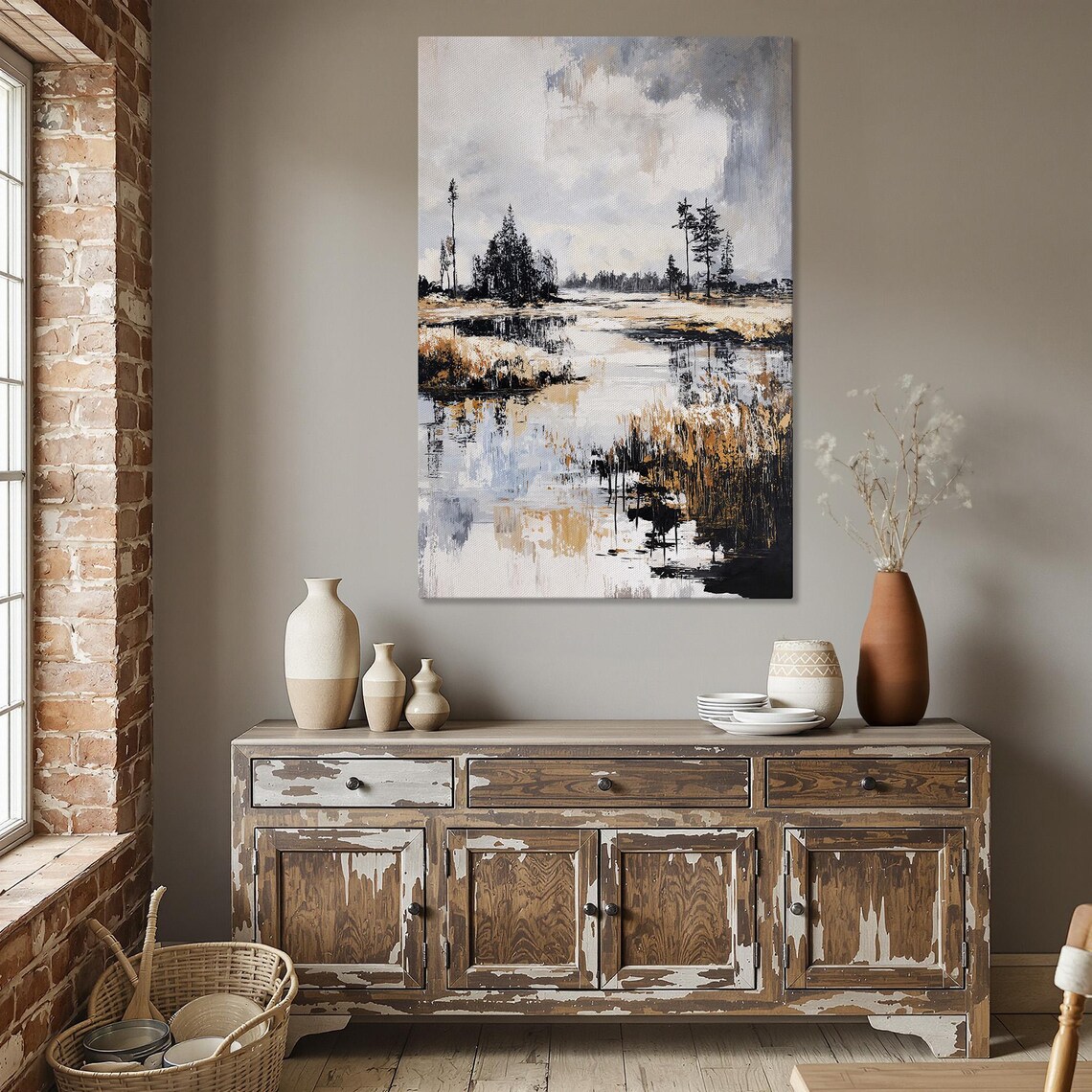 Misty Wetland Lake in Muted Tones Modern Landscape Scene Poster