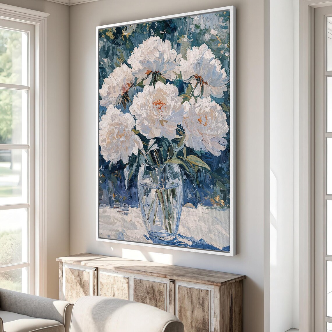 White Peony Bouquet in Glass Vase Impasto Floral Painting Poster - Image 3