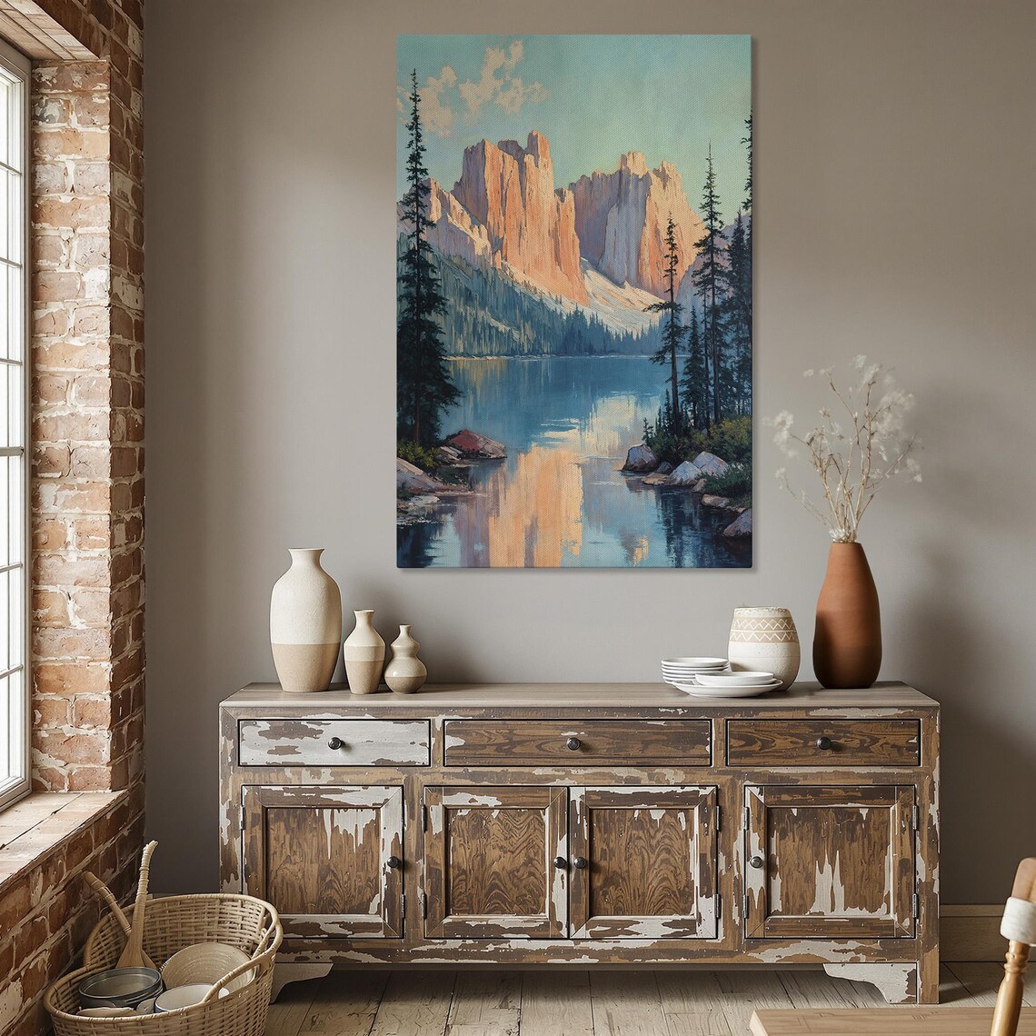 Sunlit Red Rock Cliffs Mountain Lake Tall Pine Forest Poster