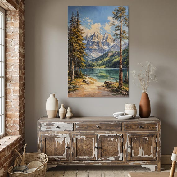 Serene Mountain Lake Landscape Framed Canvas Print Rustic Wall Art Nature Painting Cabin Decor Forest Scenery Ready To Hang