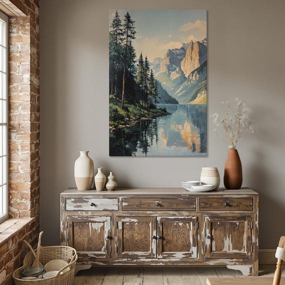 Mountain Lake Landscape With Forest Scene Framed Canvas Print Mountainscape Art Rustic Decor Country Nature Wall Ready To Hang