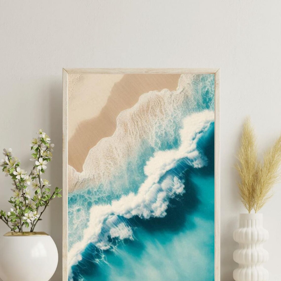 Turquoise Aerial Beach Print, Coastal Boho Decor