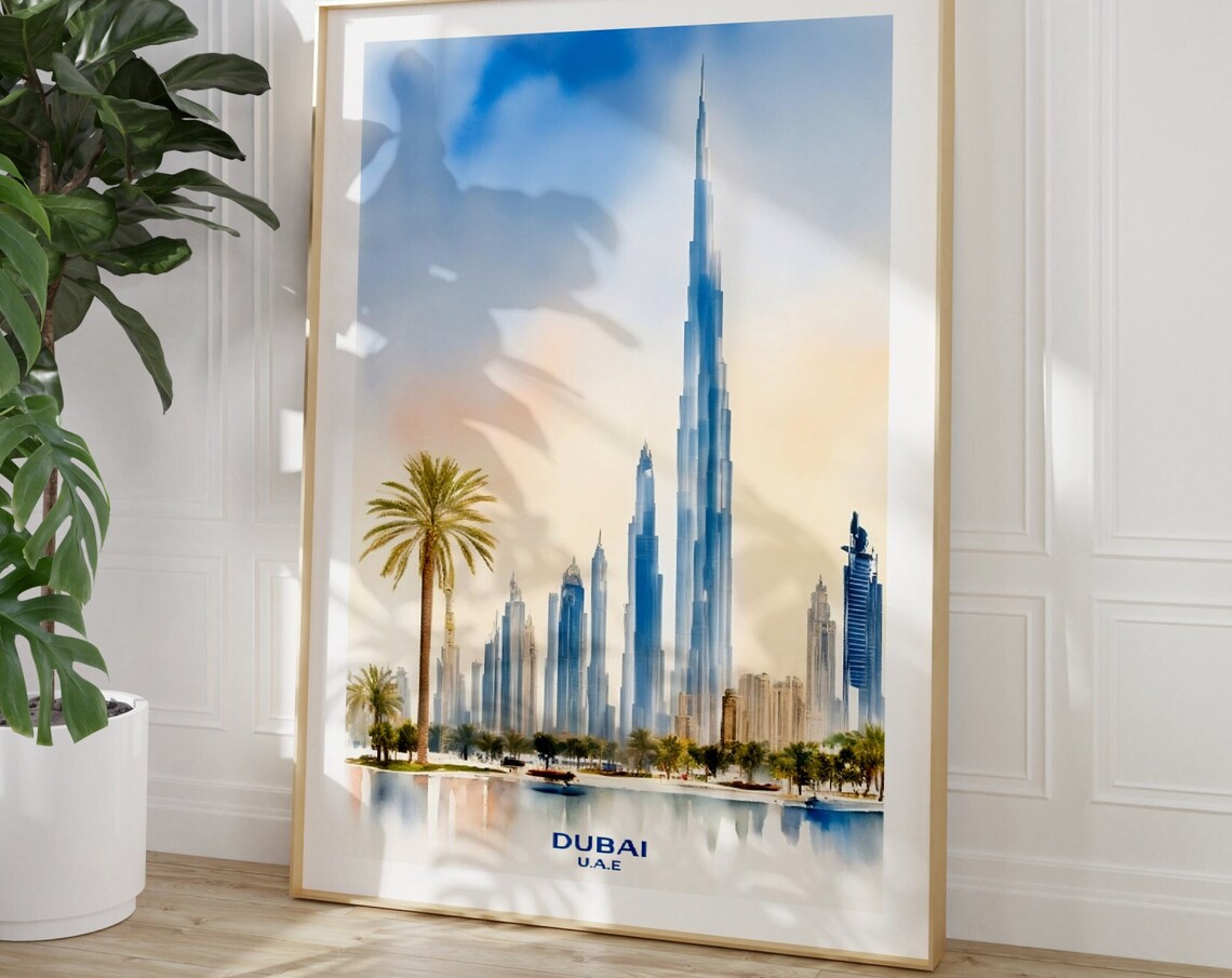 Dubai UAE Watercolor Burj Khalifa Skyline Travel Decor Poster - Image 3