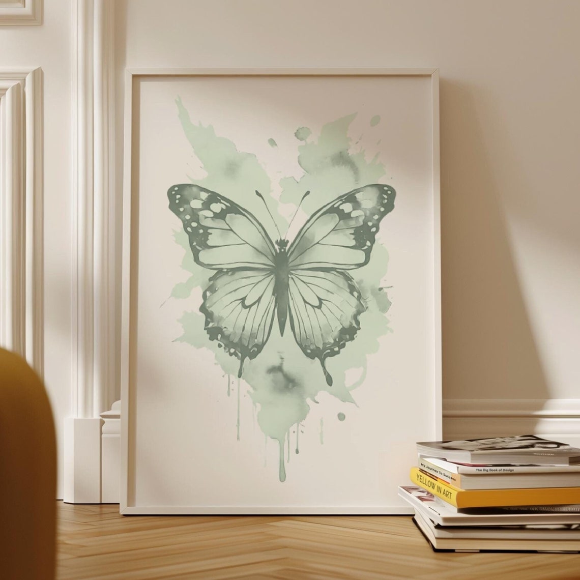 Sage Green Watercolor Butterfly Splash Neutral Nature Room Poster