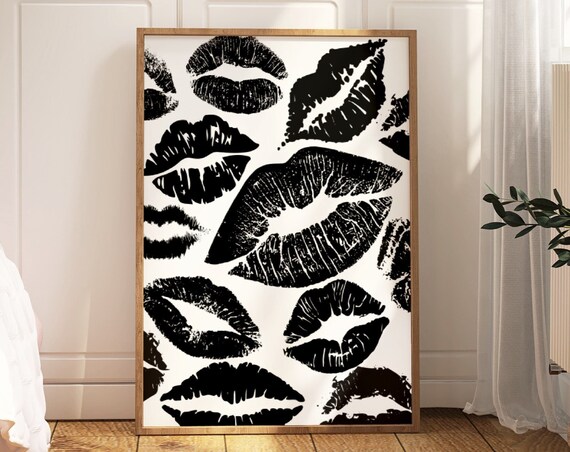 Black Lipstick Kiss Marks Grid White Retro Lips Collage Poster