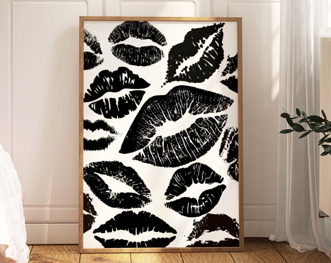 Black Lipstick Kiss Marks Grid White Retro Lips Collage Poster
