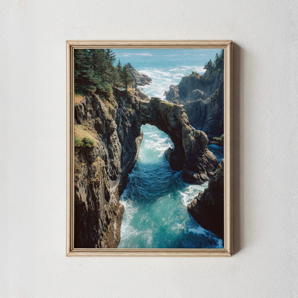 Dramatic Coastal Rock Arch Turquoise Waves Cliff Photo Poster
