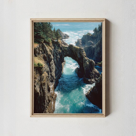 Dramatic Coastal Rock Arch Turquoise Waves Cliff Photo Poster