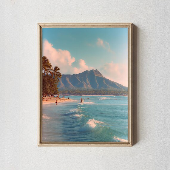 Waikiki Beach Diamond Head Vintage Retro Hawaii Coastal Poster