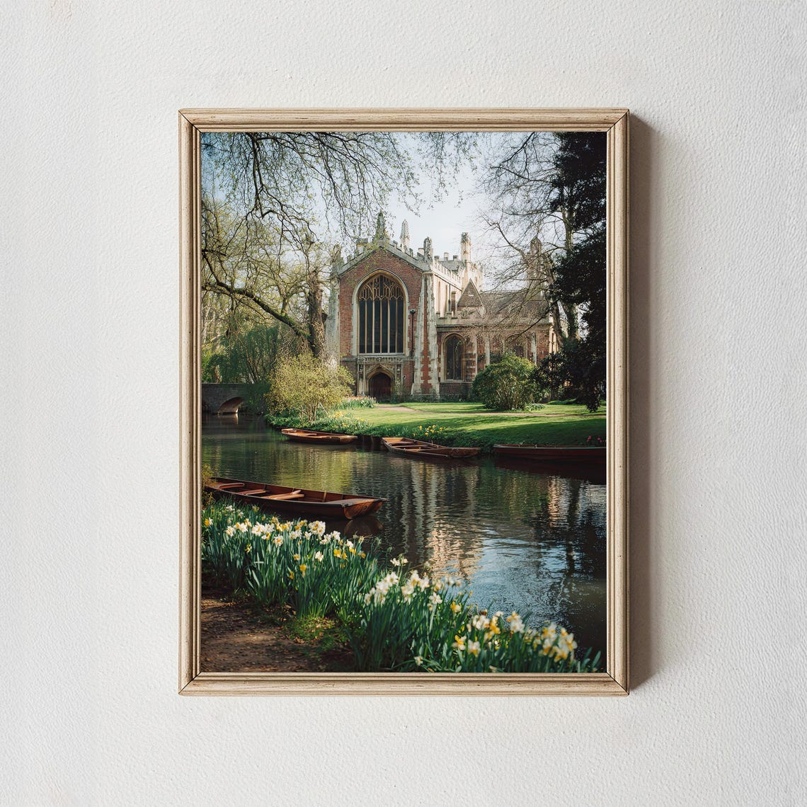 Cambridge River Chapel Daffodils And Punts English Spring Scene Poster