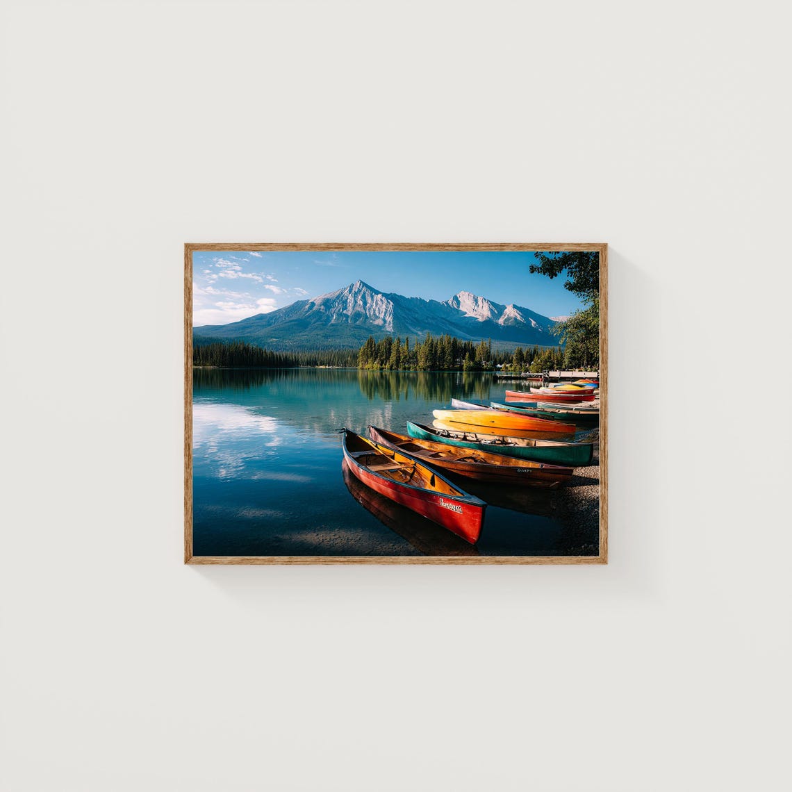 Colorful Canoes On Mountain Lake Reflection Summer Travel Photo Poster