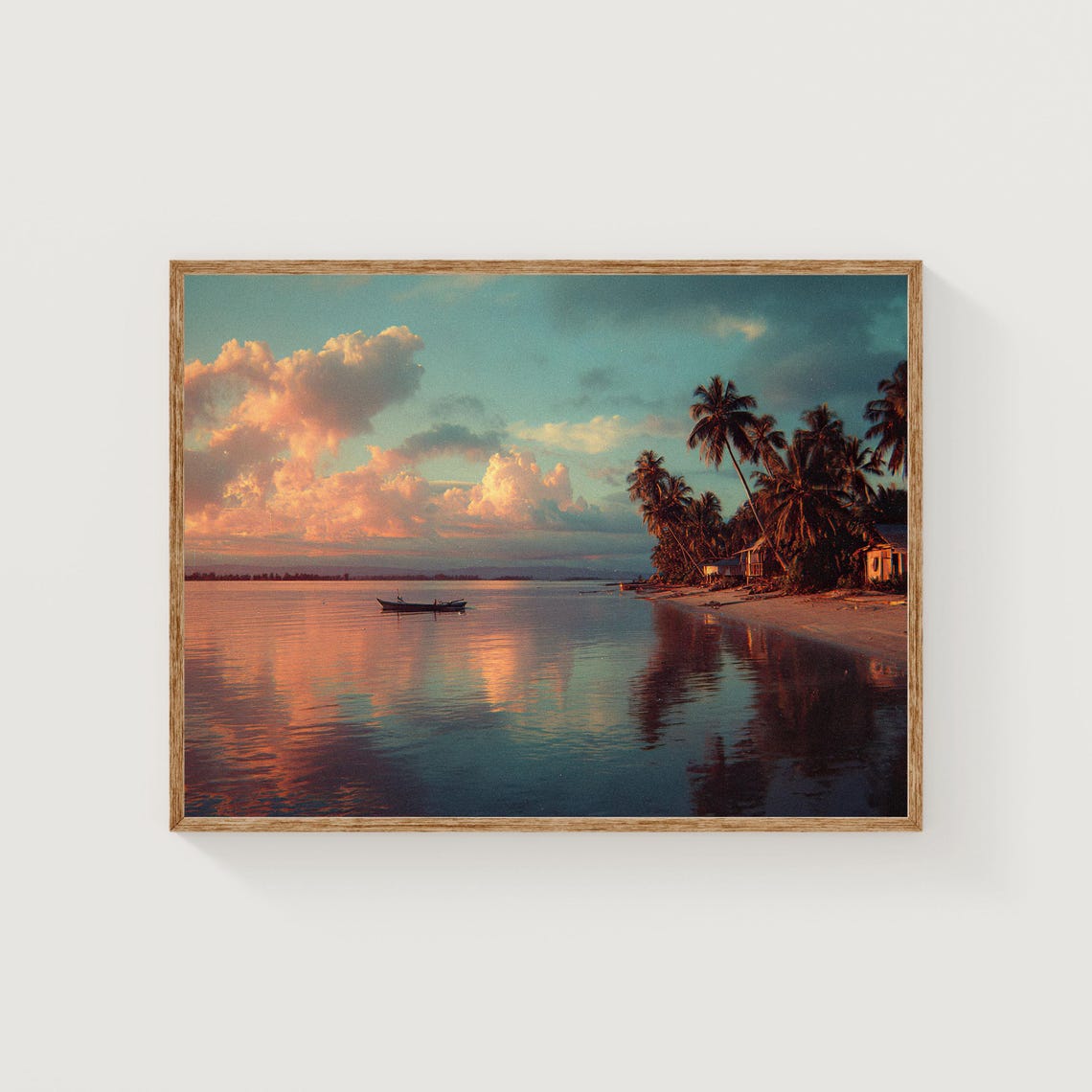 Tropical Beach Sunset With Palm Trees and Wooden Boat Poster