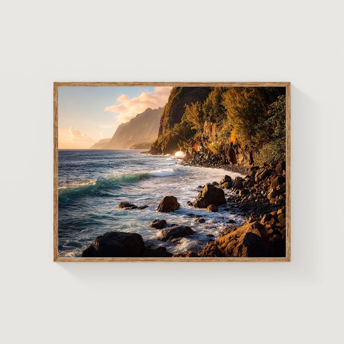 Tropical Island Cliff Coast Golden Sunset Ocean Waves Poster