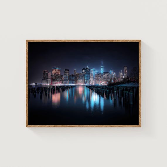 Nyc Skyline Night Photography Print Manhattan Reflections Fine Art