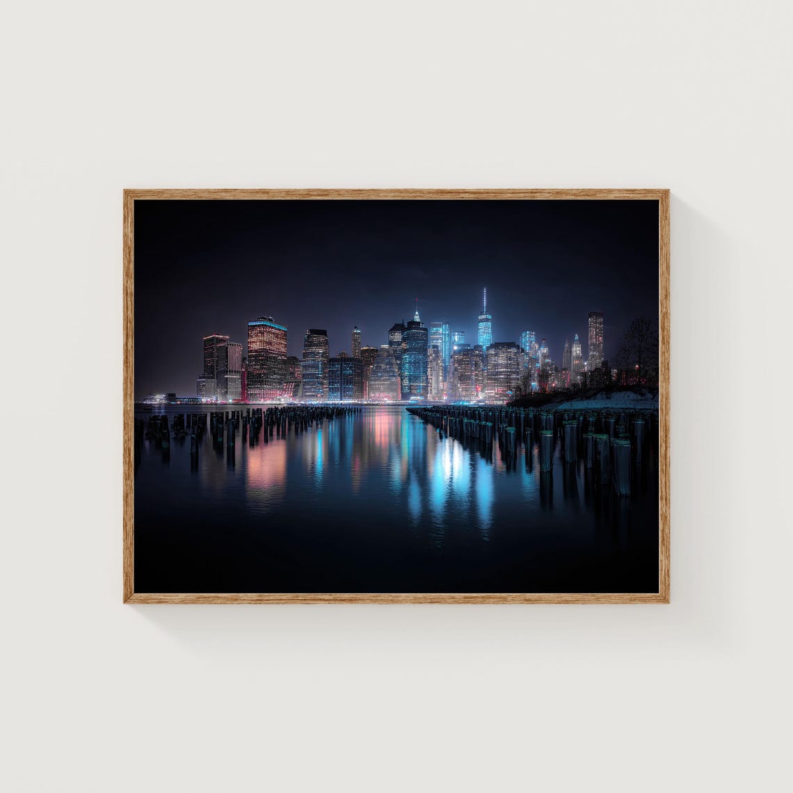 Nyc Skyline Night Photography Print Manhattan Reflections Fine Art