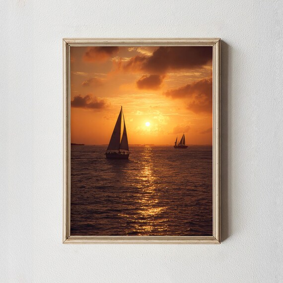 Golden Sunset Sailboat Silhouette Ocean Photography Wall Art