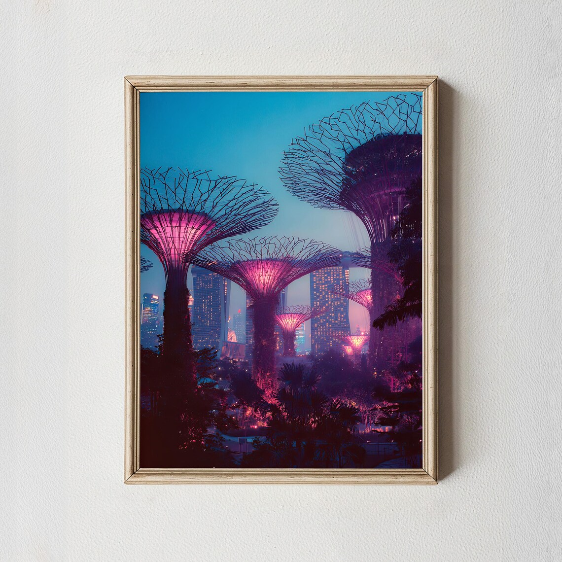 Singapore Supertree Grove Night Photography Neon Pink Lights Poster