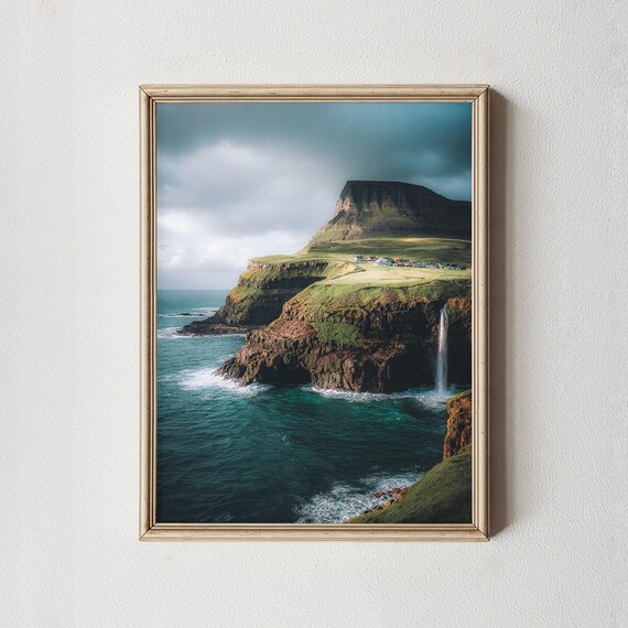 Mulafossur Waterfall Faroe Islands Dramatic Coastal Cliff Wall Art