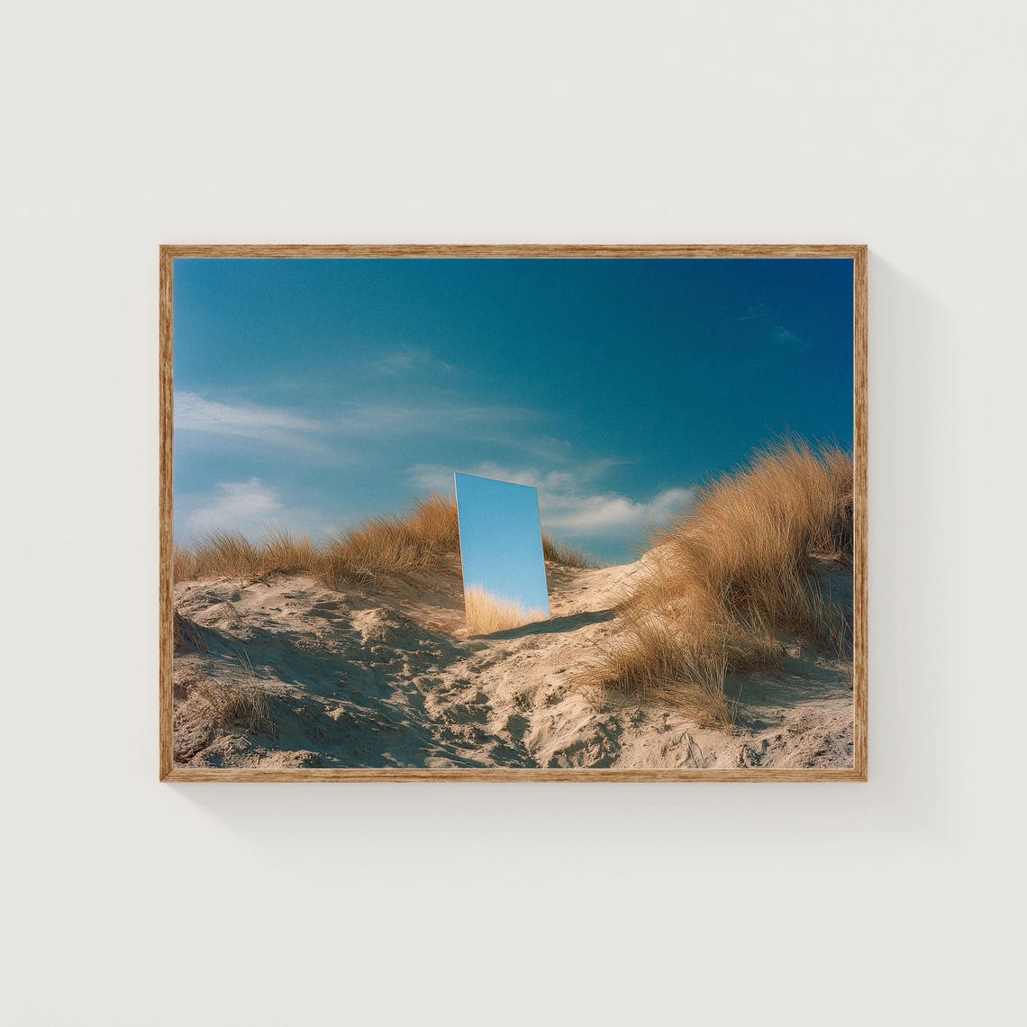 Tall Mirror Standing in Desert Dunes Surreal Minimalist Art Poster