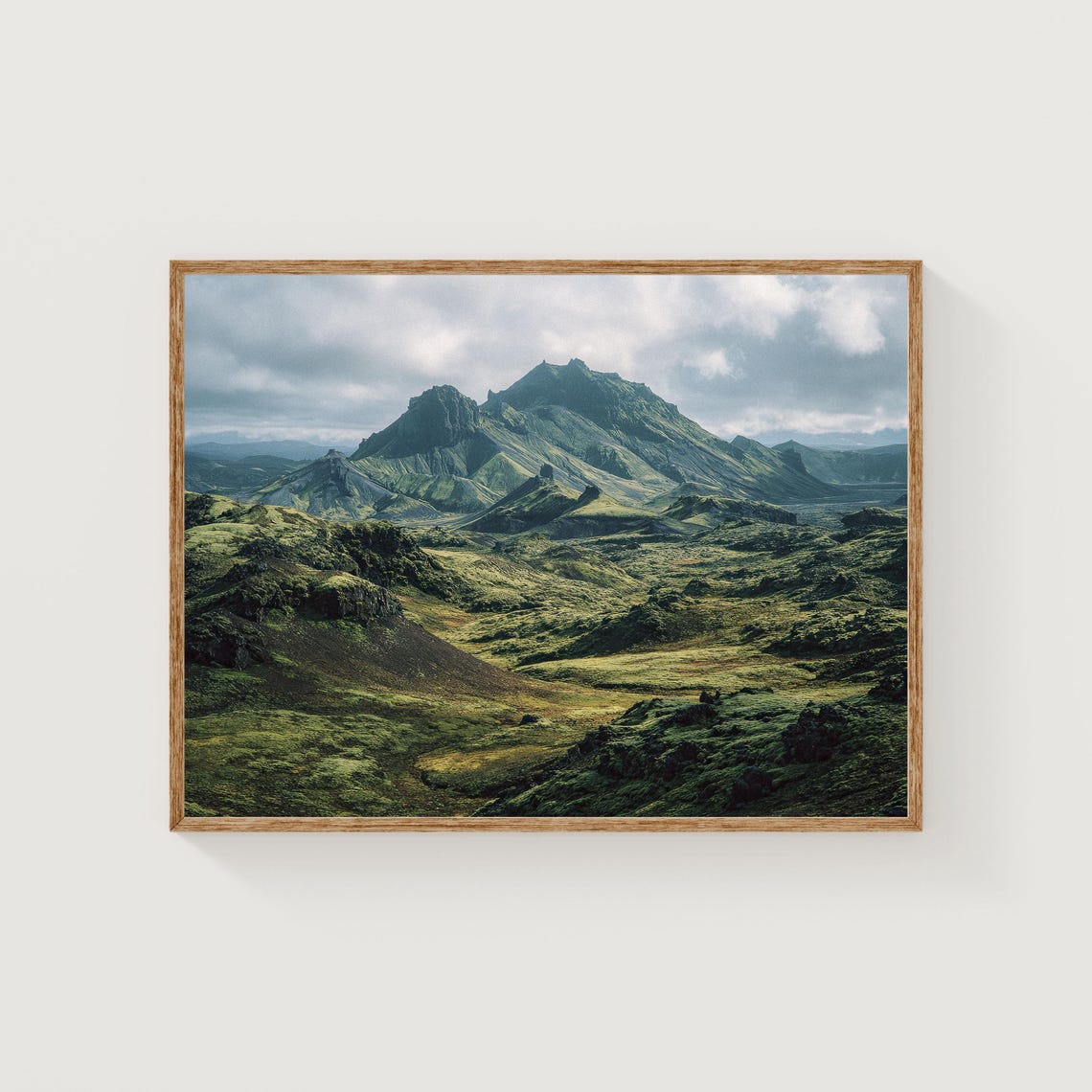 Iceland Highlands Mossy Mountain Peaks Cloudy Sky Landscape Poster