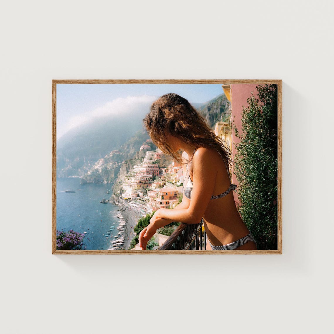 Amalfi Coast Balcony Woman Striped Bikini Italian Summer Poster