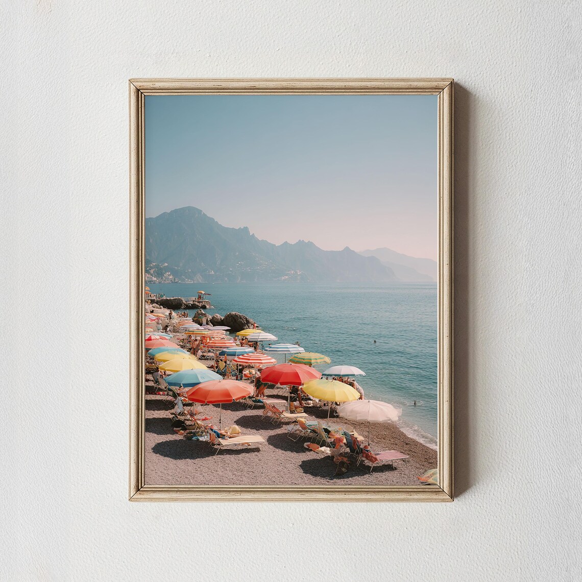 Colorful Beach Umbrellas on Pebble Beach Amalfi Coast Photo Poster