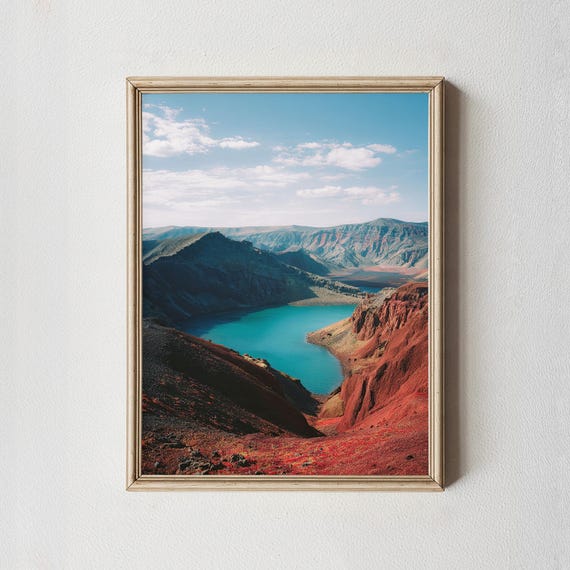 Red Mountain Volcanic Lake Art Print Turquoise Water Landscape